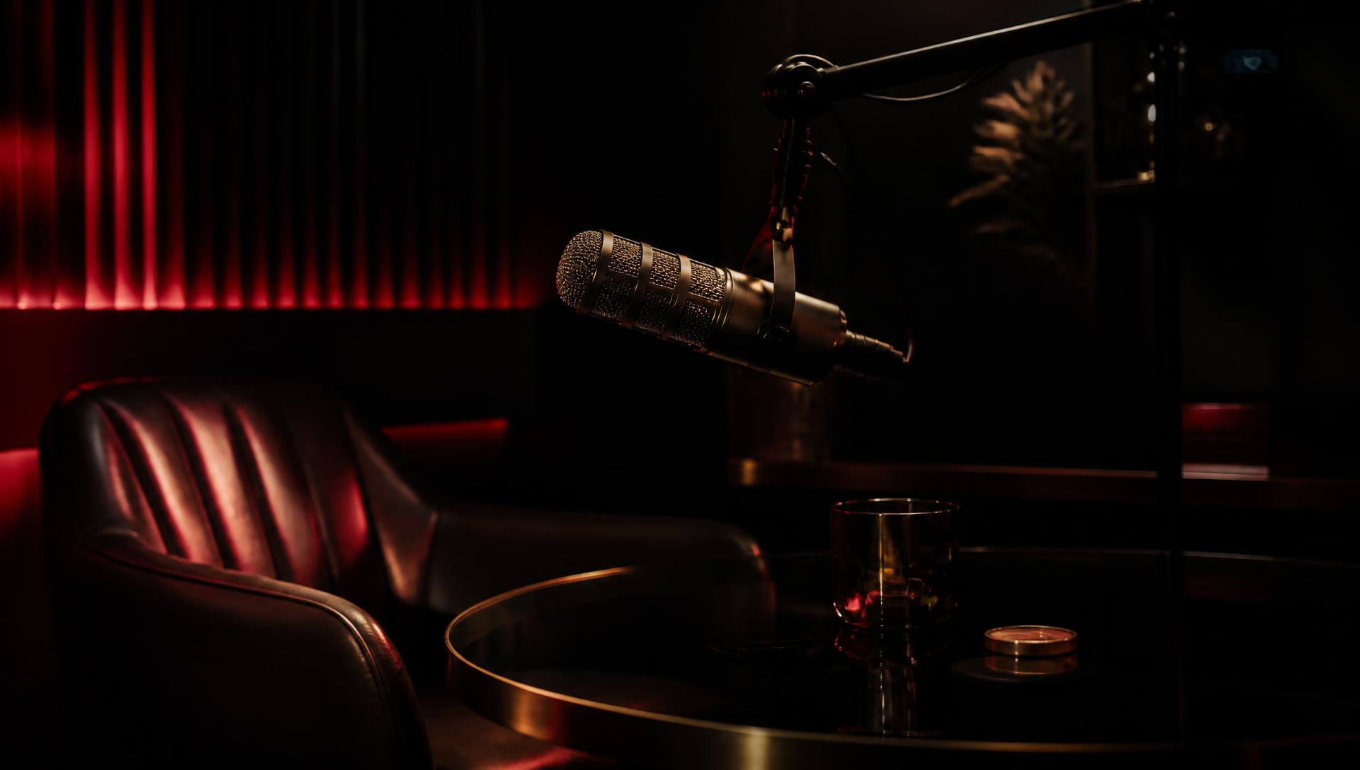 Cinematic podcast studio lit in red and gold